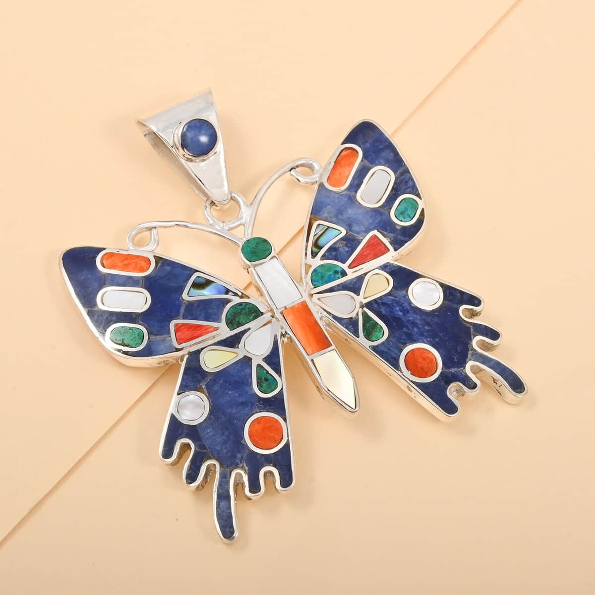 Peruvian Artistry Multi Gemstone 2.90 ctw Super Butterfly Pendant in Sterling Silver image number 1