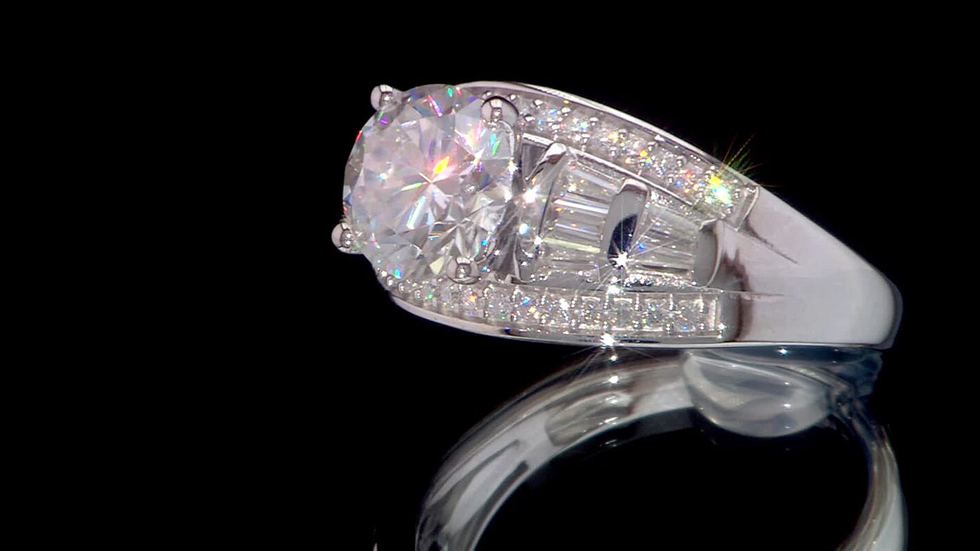 D'Joy Moissanite (Rnd 8mm) Ring in Rhodium Over Sterling Silver (Size 10.0) 3.10 ctw