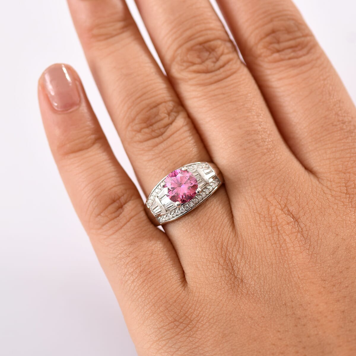 D'Joy Pink Moissanite and Moissanite 3.10 ctw Ring in Rhodium Over Sterling Silver (Size 10.0)  image number 2