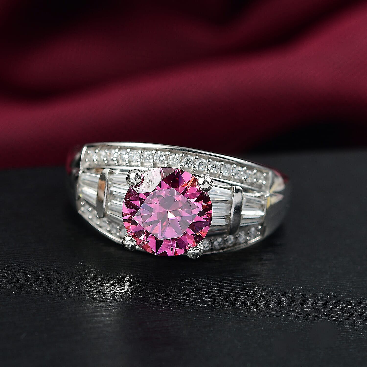 D'Joy Pink Moissanite (Rnd 8mm), Moissanite Ring in Rhodium Over Sterling Silver (Size 5.0) 3.10 ctw