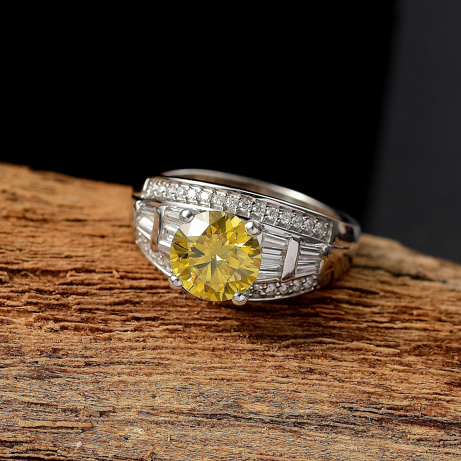 D'Joy Yellow Moissanite (Rnd 8mm), Moissanite  Ring in Rhodium Over Sterling Silver (Size 5.0) 3.10 ctw