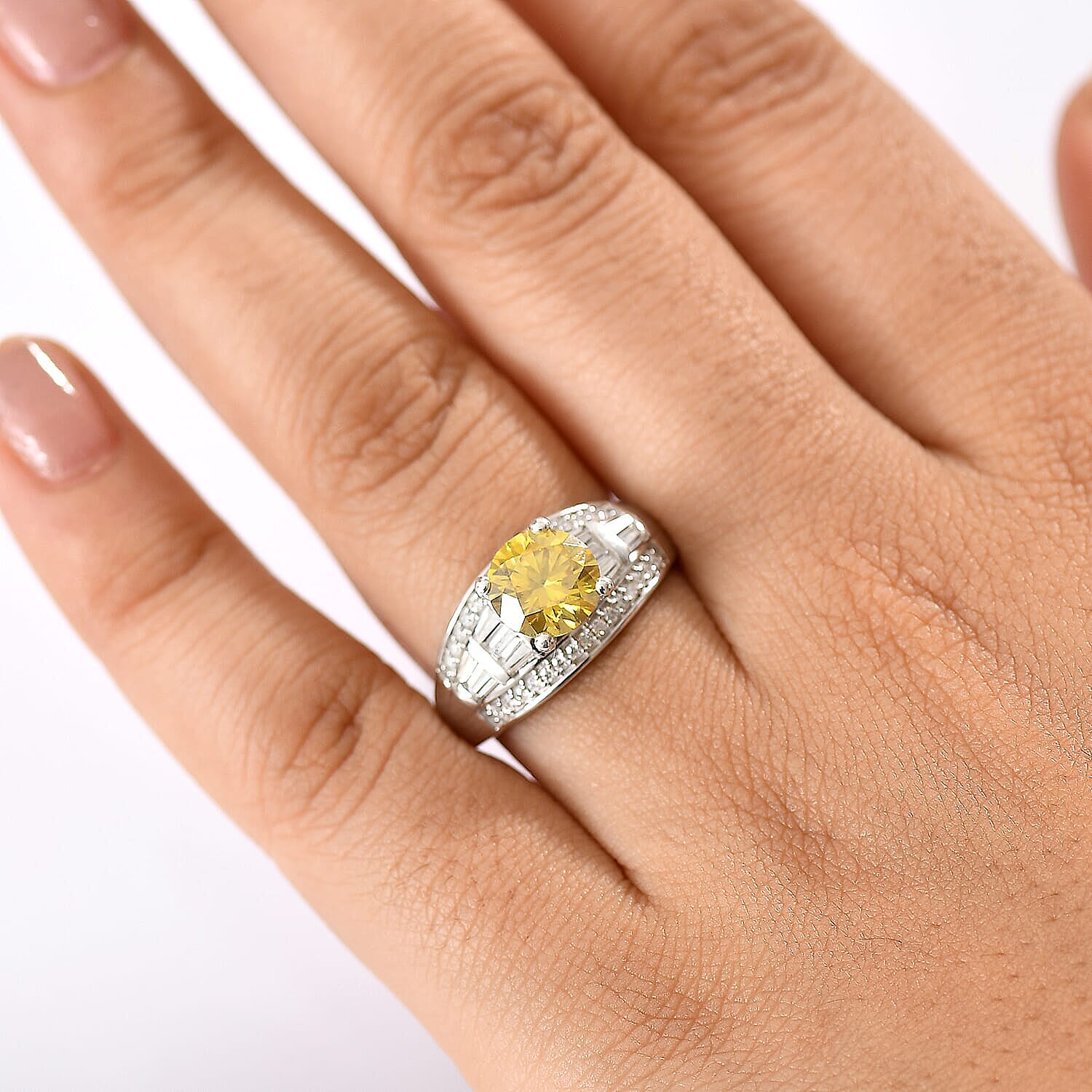 D'Joy Yellow Moissanite (Rnd 8mm), Moissanite  Ring in Rhodium Over Sterling Silver (Size 5.0) 3.10 ctw