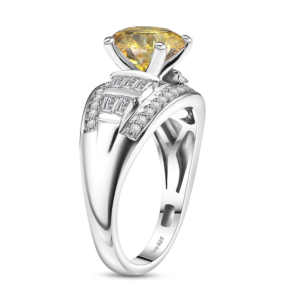 D'Joy Yellow Moissanite (Rnd 8mm), Moissanite  Ring in Rhodium Over Sterling Silver (Size 5.0) 3.10 ctw