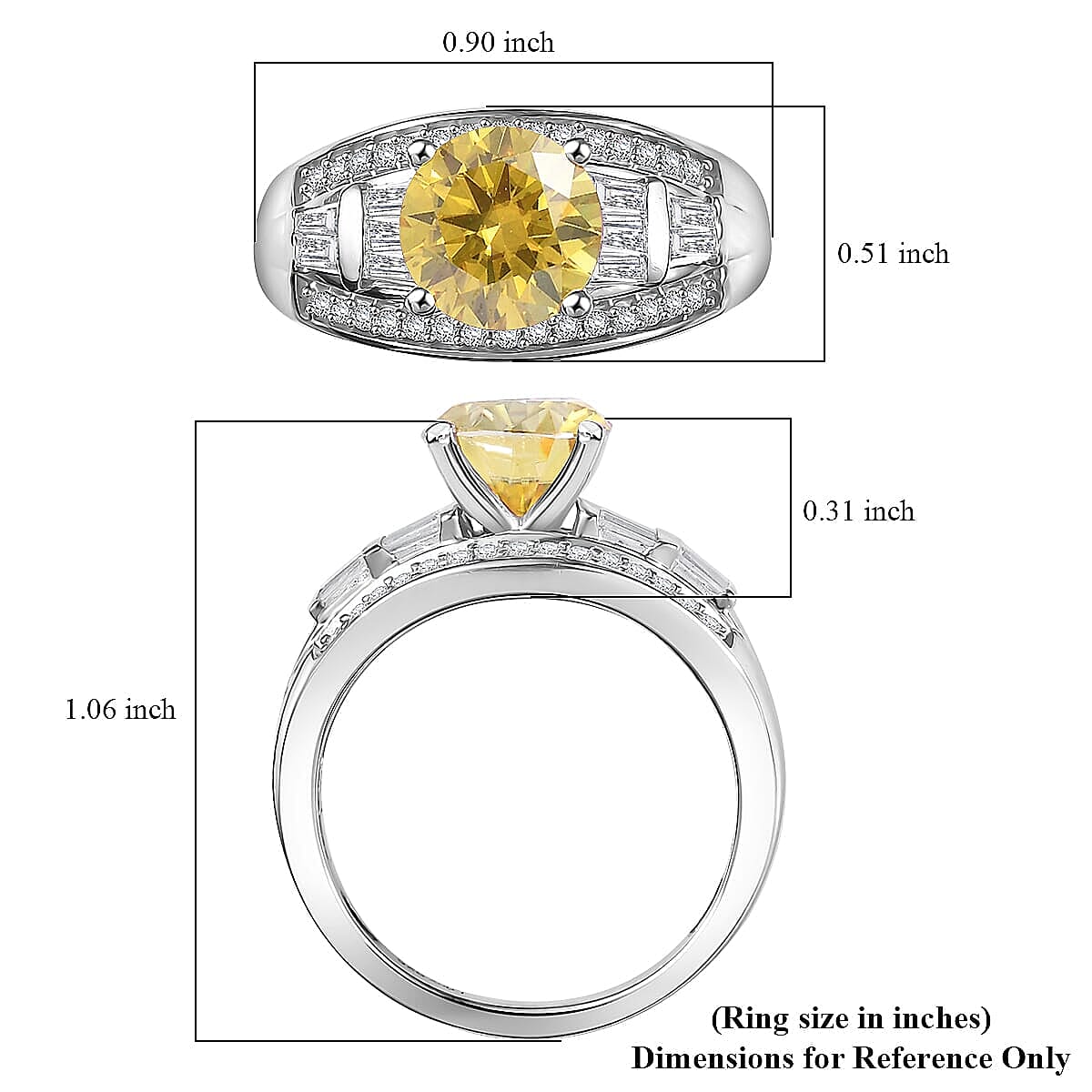 D'Joy Yellow Moissanite (Rnd 8mm), Moissanite  Ring in Rhodium Over Sterling Silver (Size 5.0) 3.10 ctw