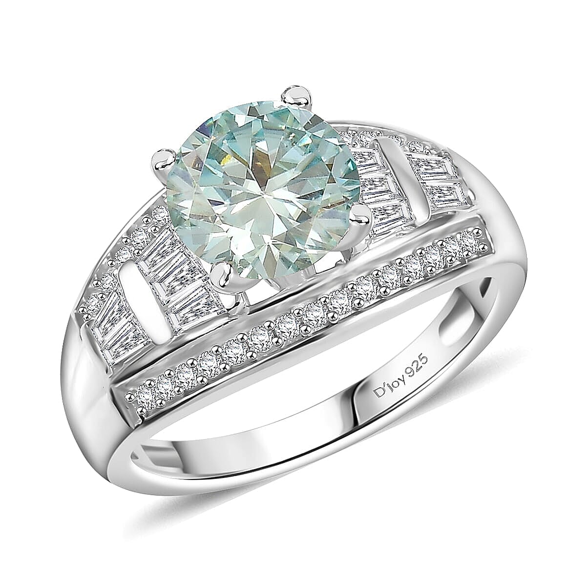 D'Joy Blue Moissanite (Rnd 8mm), Moissanite Ring in Rhodium Over Sterling Silver (Size 5.0) 3.00 ctw