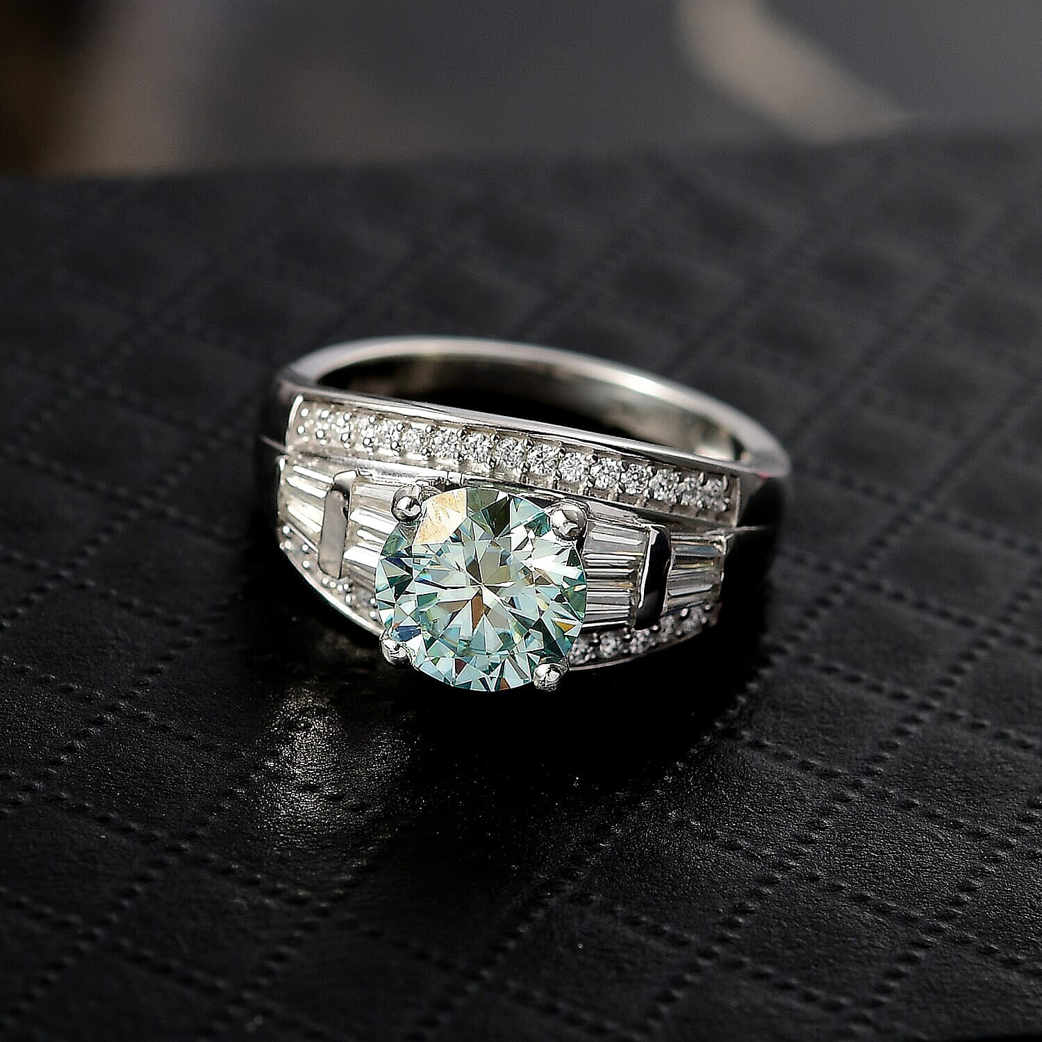 D'Joy Blue Moissanite (Rnd 8mm), Moissanite Ring in Rhodium Over Sterling Silver (Size 5.0) 3.00 ctw