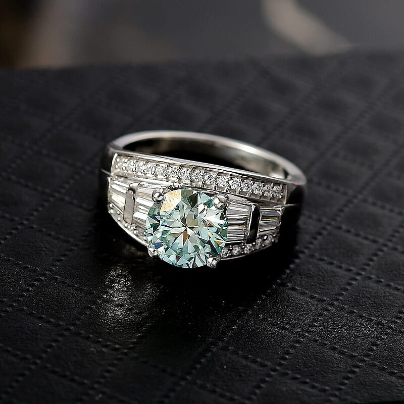 D'Joy Blue Moissanite (Rnd 8mm), Moissanite Ring in Rhodium Over Sterling Silver (Size 5.0) 3.00 ctw