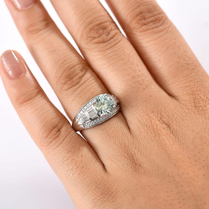 D'Joy Blue Moissanite (Rnd 8mm), Moissanite Ring in Rhodium Over Sterling Silver (Size 5.0) 3.00 ctw
