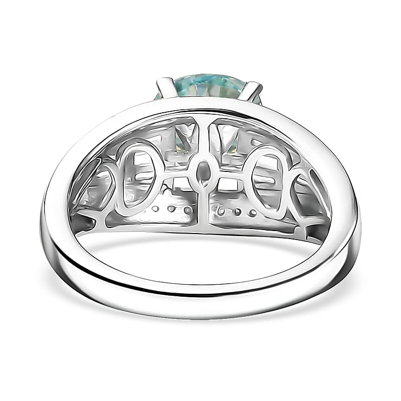 D'Joy Blue Moissanite (Rnd 8mm), Moissanite Ring in Rhodium Over Sterling Silver (Size 5.0) 3.00 ctw