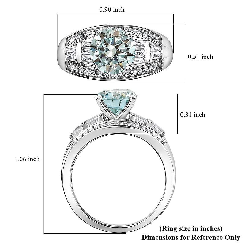 D'Joy Blue Moissanite (Rnd 8mm), Moissanite Ring in Rhodium Over Sterling Silver (Size 5.0) 3.00 ctw