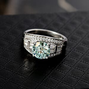 D'Joy Blue Moissanite and Moissanite 3.00 ctw Bridge Ring in Rhodium Over Sterling Silver (Size 9.0)