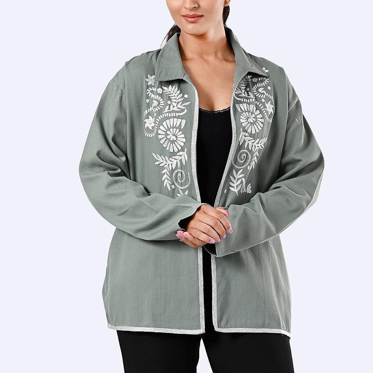 TAMSY Moss Green 100% Cotton Embroidered Twill Jacket -  L  image number 1