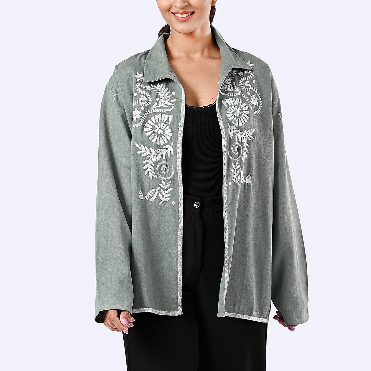 TAMSY Moss Green 100% Cotton Embroidered Twill Jacket -  L  image number 3