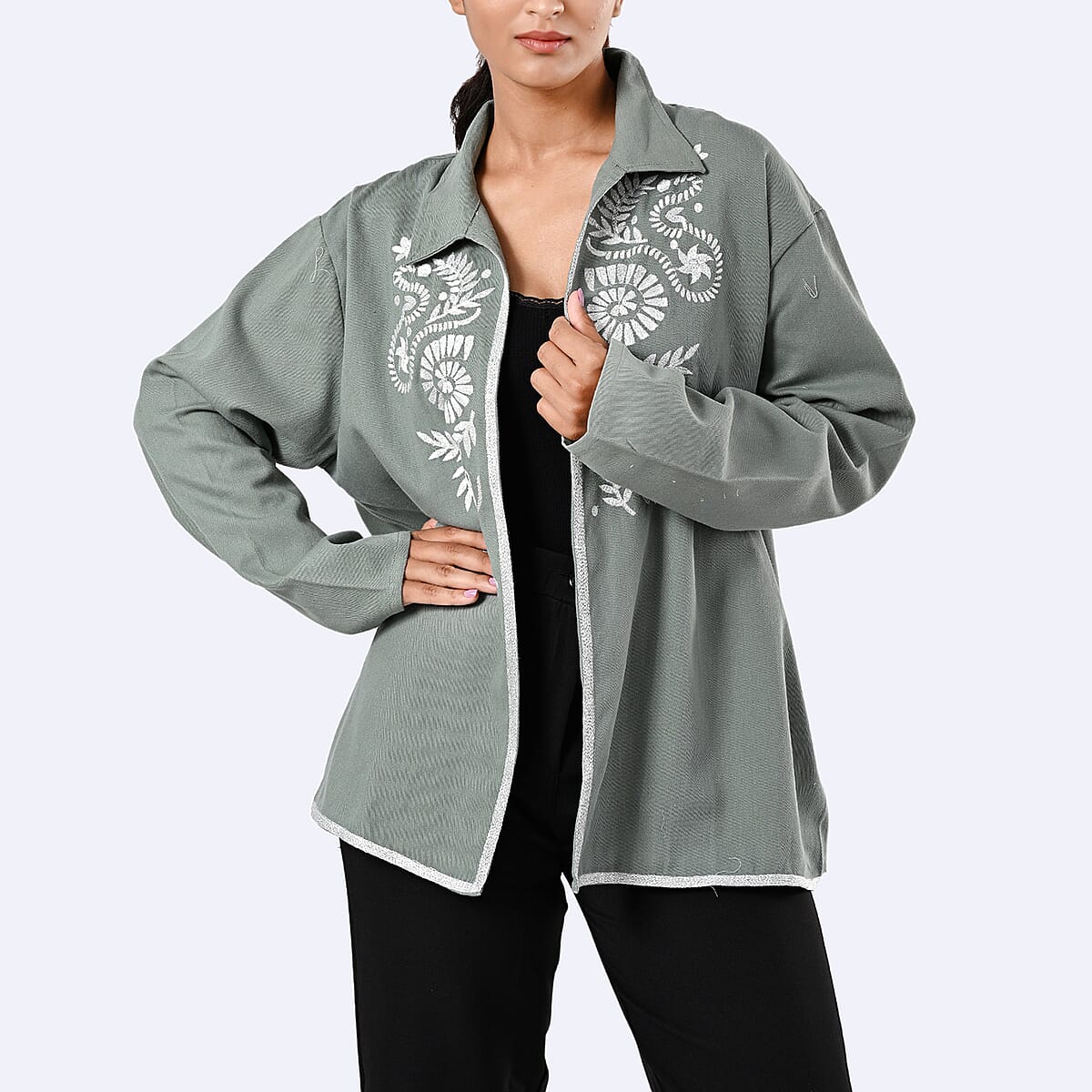 TAMSY Moss Green 100% Cotton Embroidered Twill Jacket -  L  image number 4