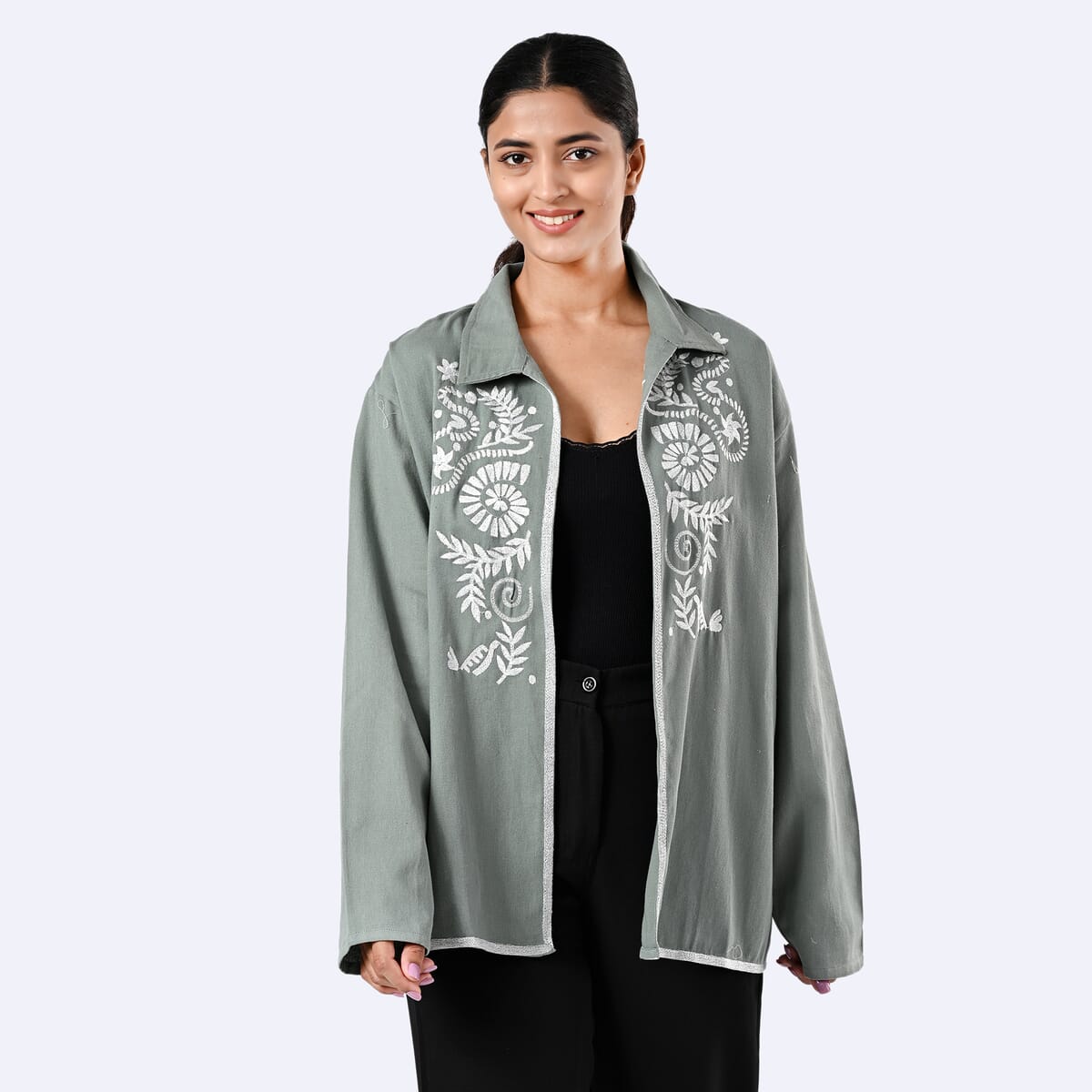 TAMSY Moss Green 100% Cotton Embroidered Twill Jacket -  XL  image number 3