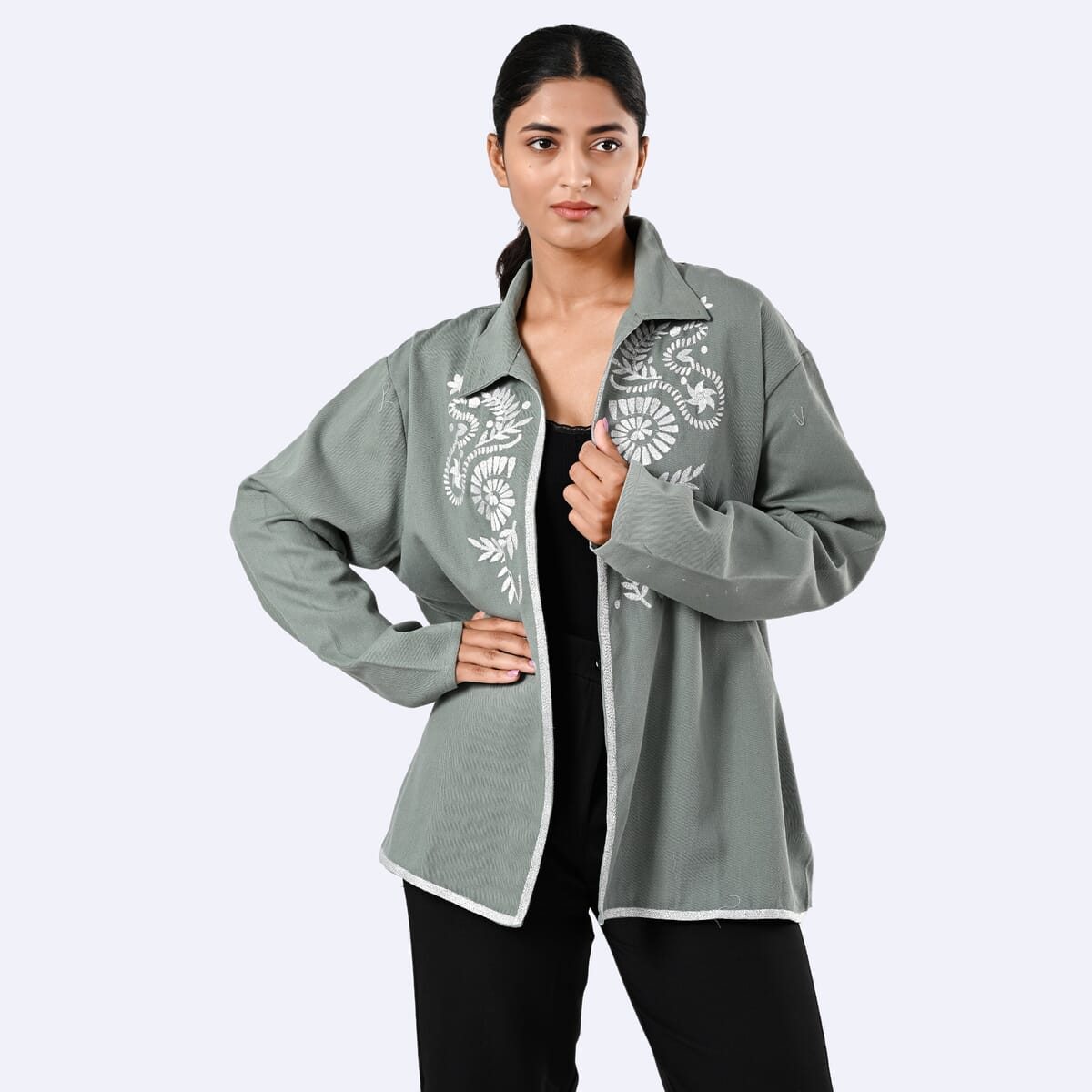 TAMSY Moss Green 100% Cotton Embroidered Twill Jacket -  XL  image number 4