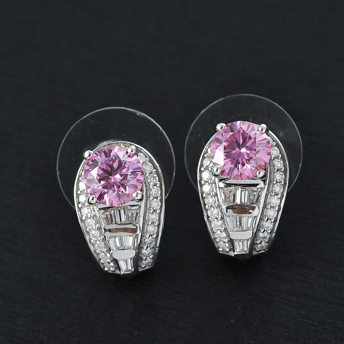 D'Joy Pink Moissanite and Moissanite 2.80 ctw Earrings in Rhodium Over Sterling Silver  image number 1