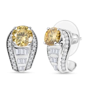 D'Joy Yellow Moissanite and Moissanite 2.80 ctw Earrings in Rhodium Over Sterling Silver 