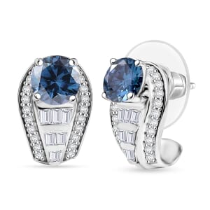 D'Joy Blue Moissanite and Moissanite 2.80 ctw Earrings in Rhodium Over Sterling Silver 