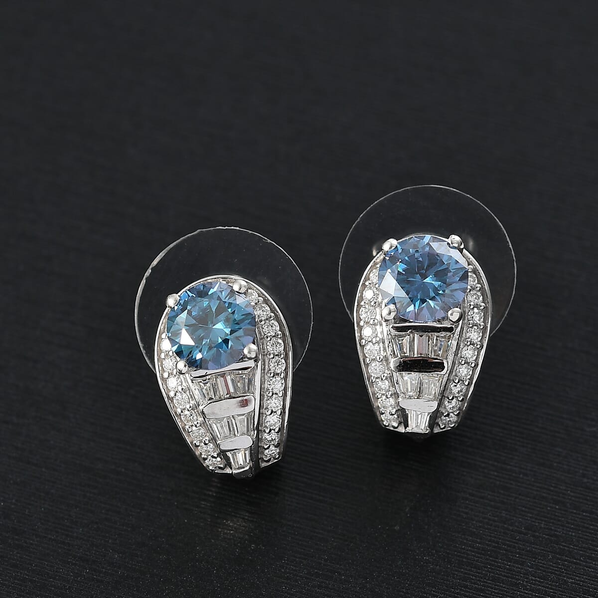 D'Joy Blue Moissanite and Moissanite 2.80 ctw Earrings in Rhodium Over Sterling Silver  image number 1