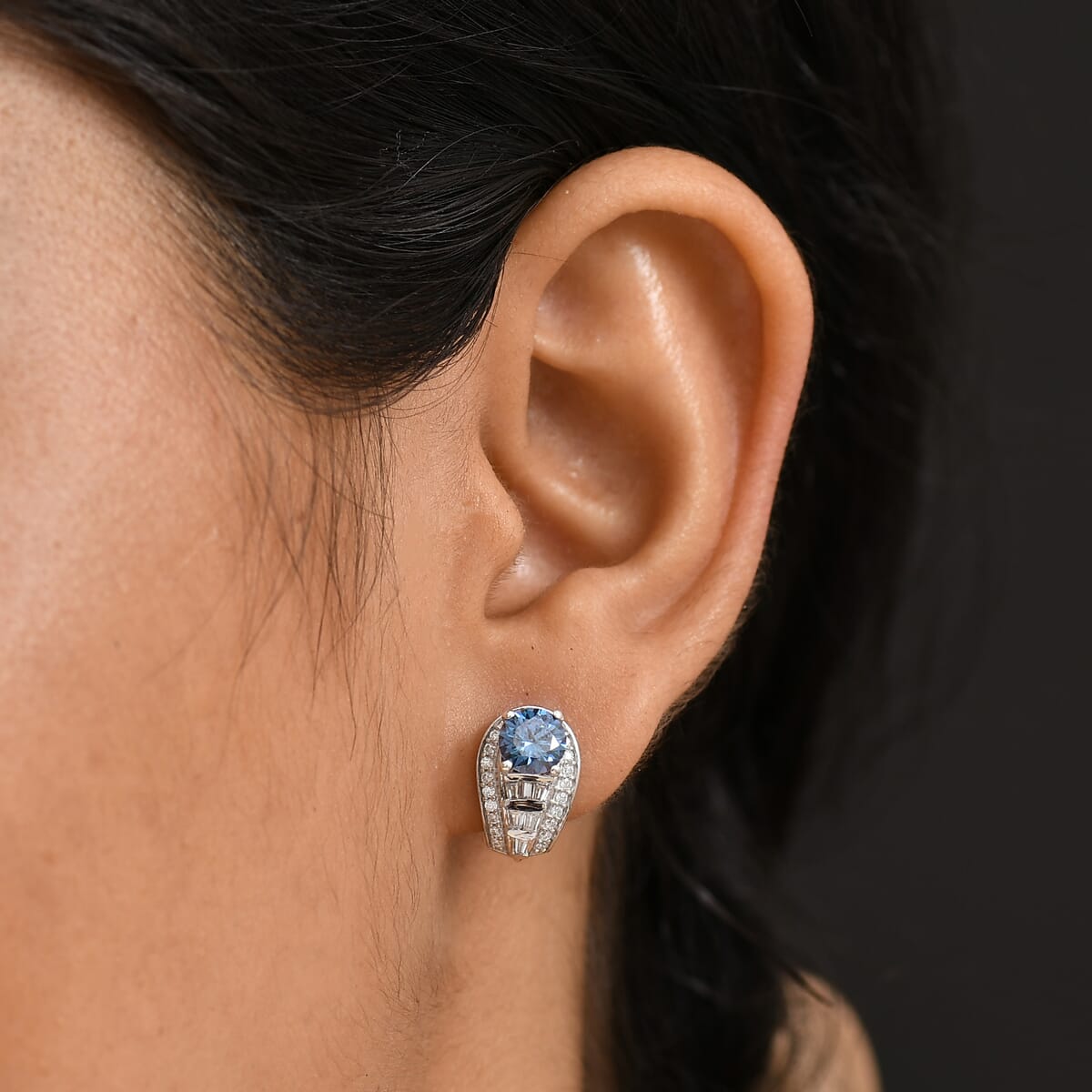 D'Joy Blue Moissanite and Moissanite 2.80 ctw Earrings in Rhodium Over Sterling Silver  image number 2
