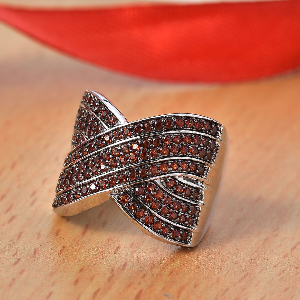 Karis Premium Mozambique Garnet 1.30 ctw Infinity Cross Ring in Platinum Bond (Size 5.0) image number 1