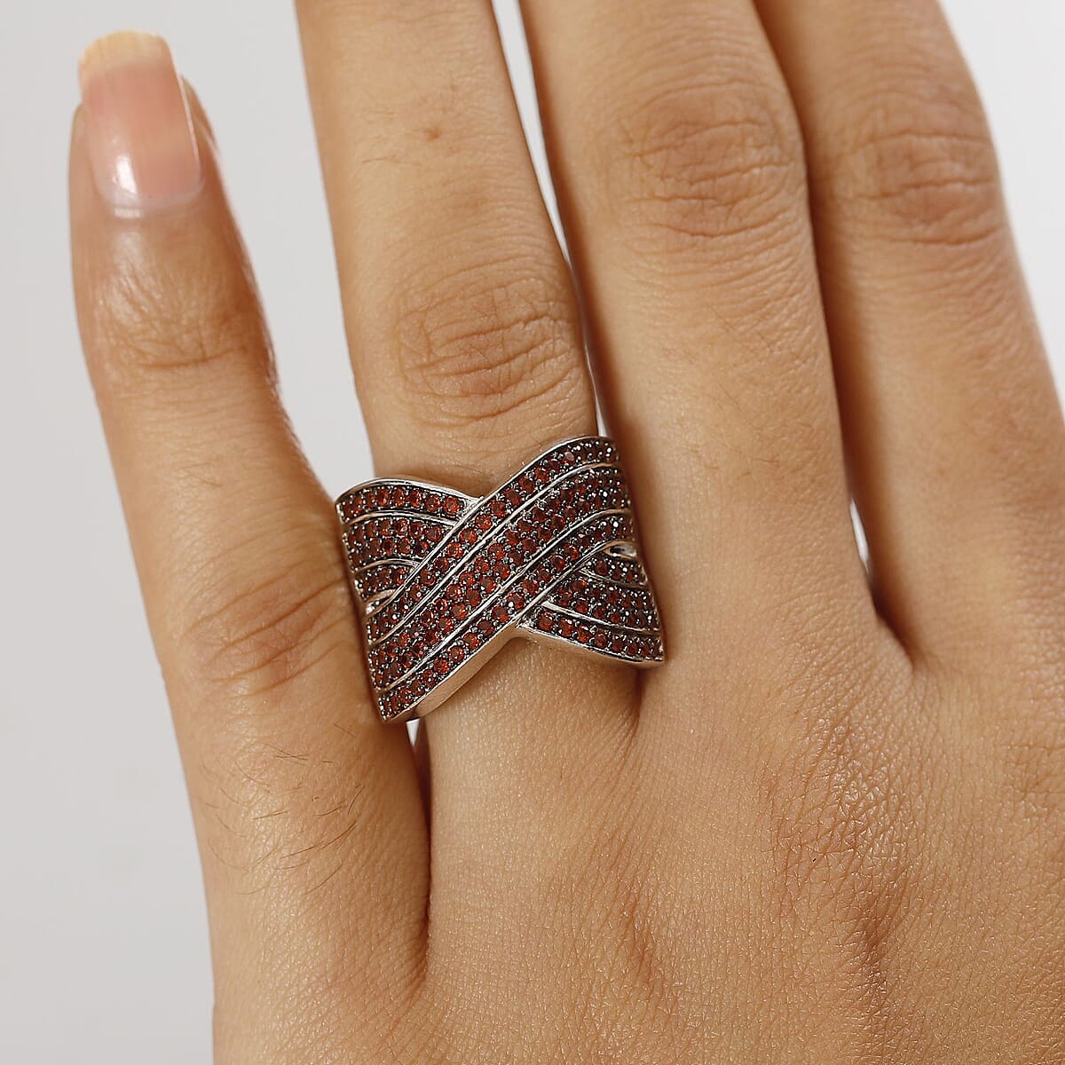 Karis Premium Mozambique Garnet 1.30 ctw Infinity Cross Ring in Platinum Bond (Size 5.0) image number 2