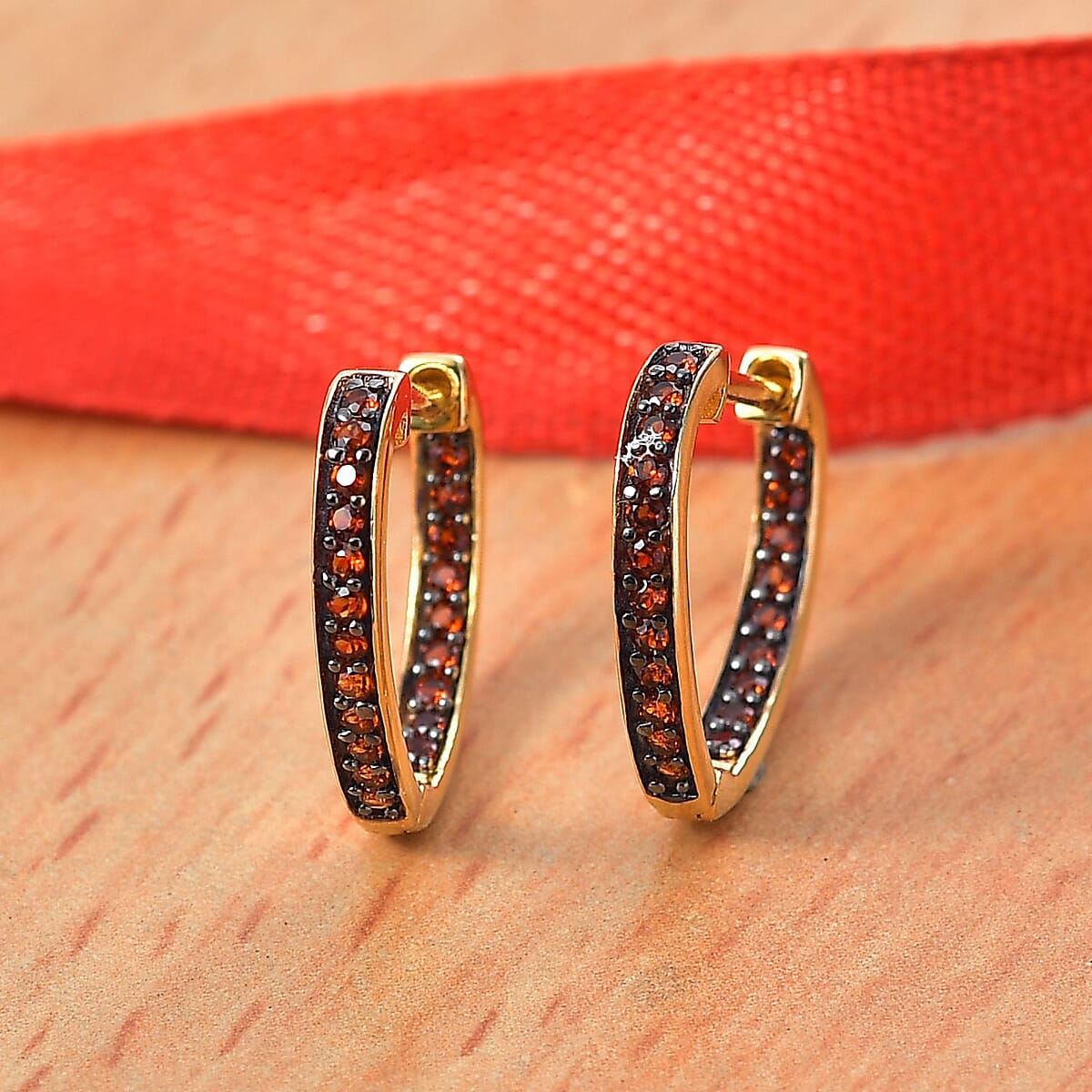 D'Joy Premium Mozambique Garnet 6.30 ctw Love Hoop Earrings in Vermeil Yellow Gold Over Sterling Silver image number 1