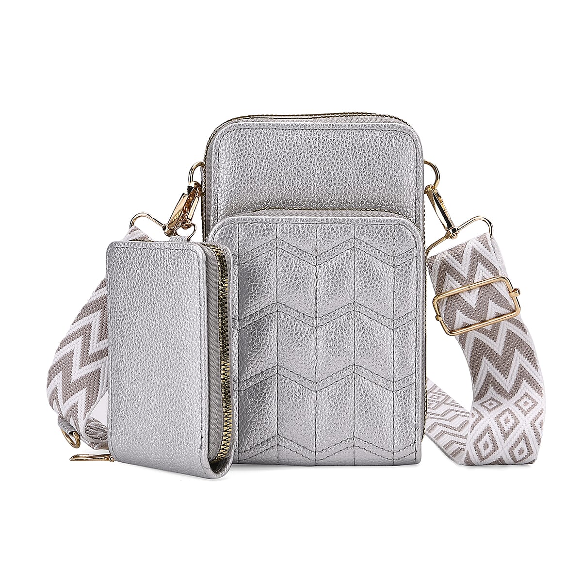 Set of 2Pcs Silver Faux Leather Crossbody Bag with Card Holder image number 0