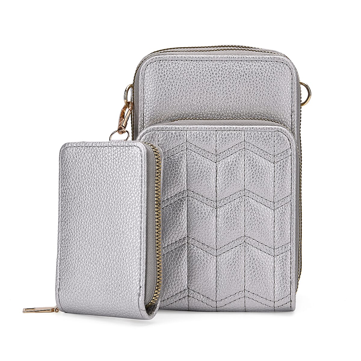 Set of 2Pcs Silver Faux Leather Crossbody Bag with Card Holder image number 2