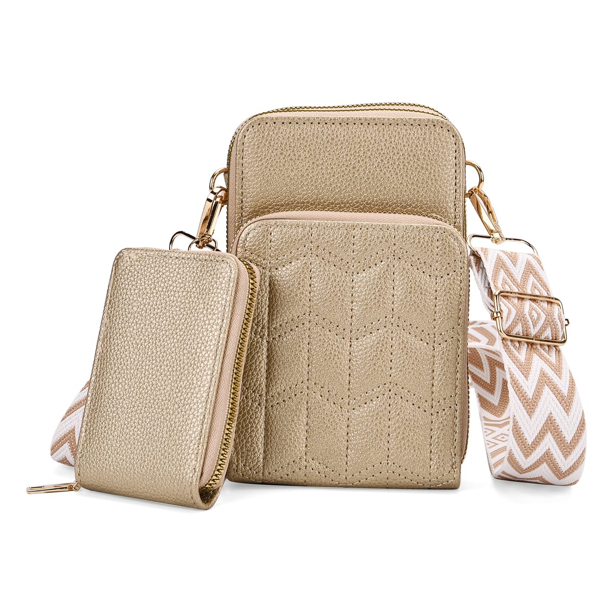 Set of 2Pcs Gold Faux Leather Crossbody Bag with Card Holder image number 0