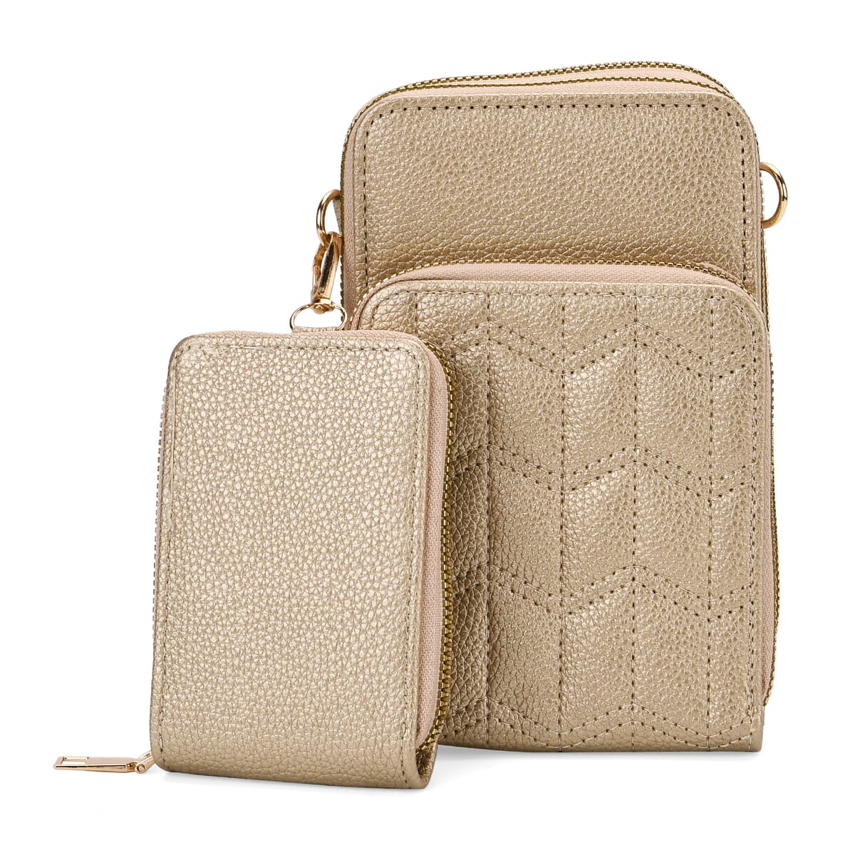 Set of 2Pcs Gold Faux Leather Crossbody Bag with Card Holder image number 2