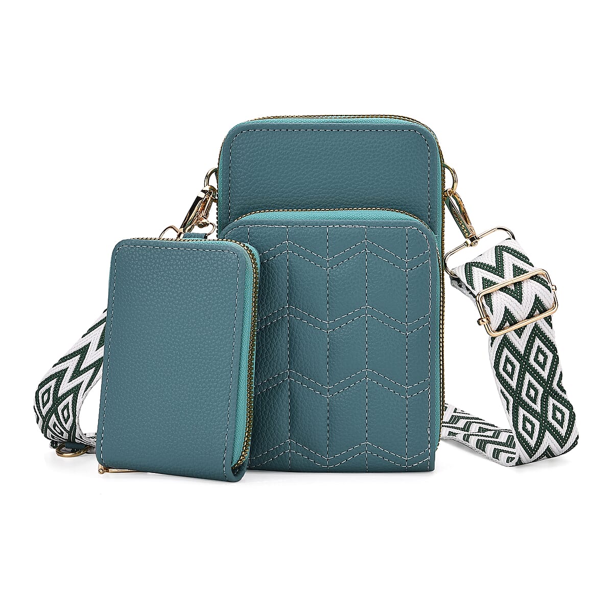 Set of 2Pcs Teal Faux Leather Crossbody Bag with Card Holder image number 0