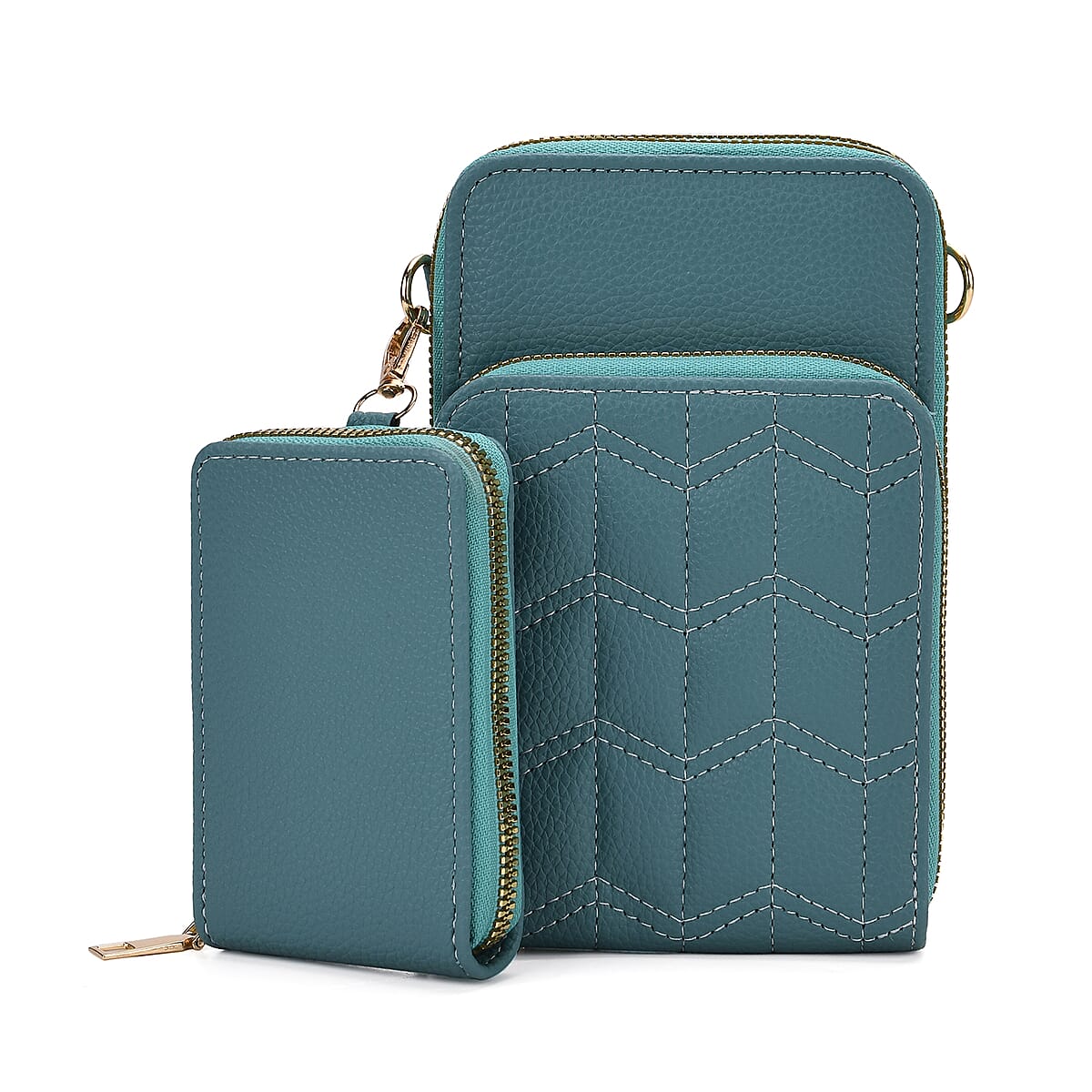Set of 2Pcs Teal Faux Leather Crossbody Bag with Card Holder image number 2