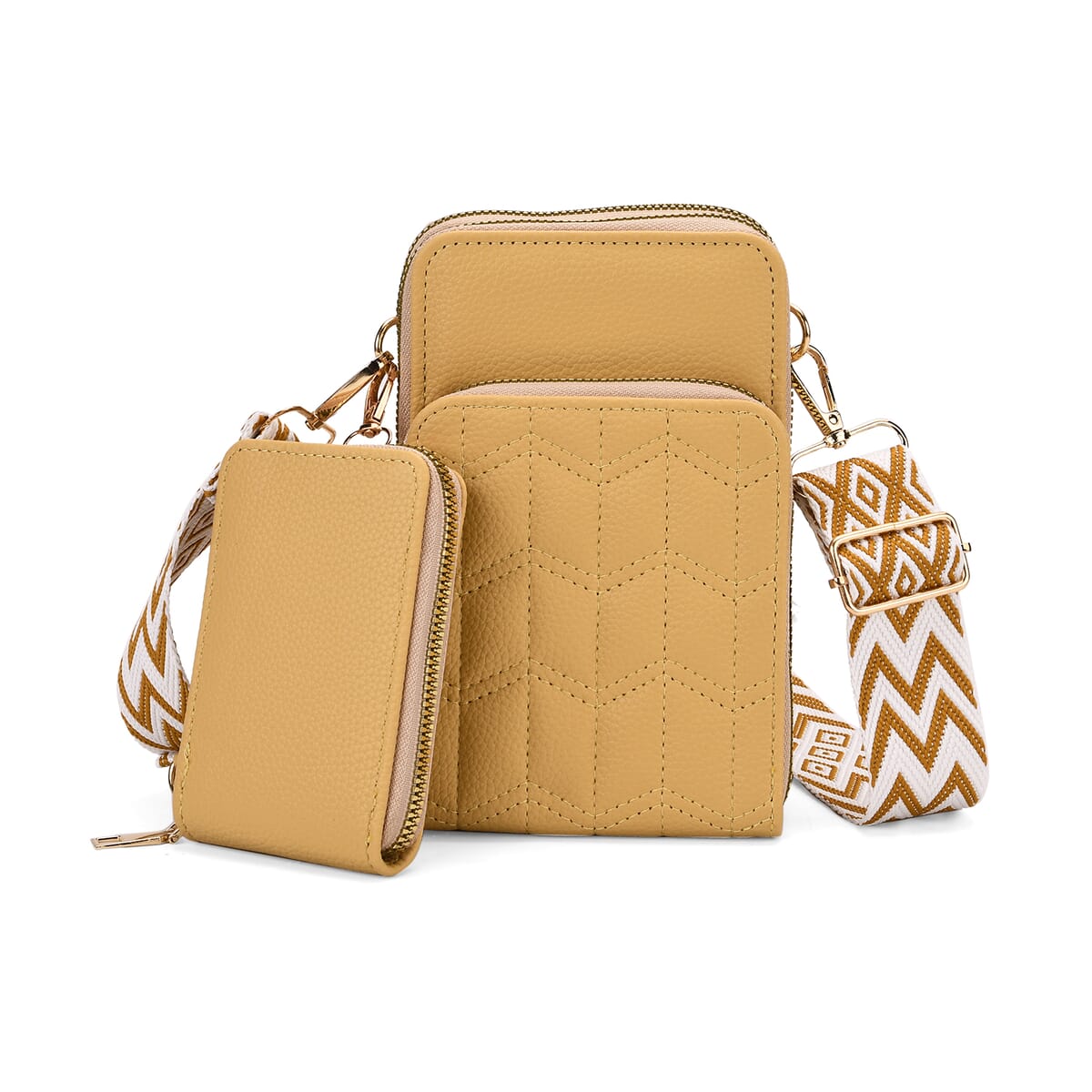 Set of 2Pcs Yellow Faux Leather Crossbody Bag with Card Holder image number 0