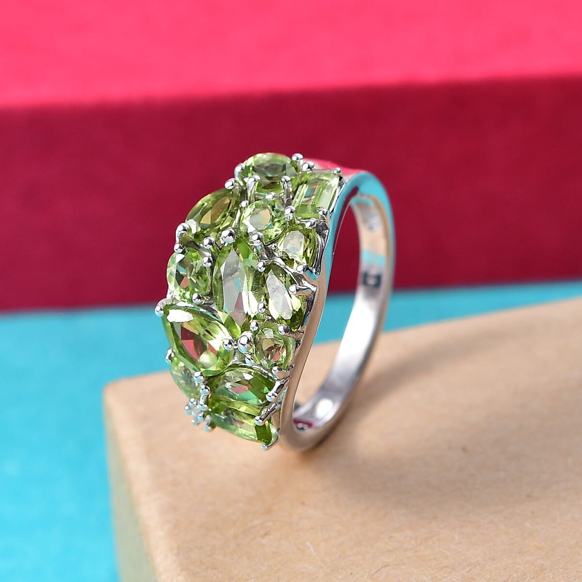 Arizona Peridot and White Zircon 3.30 ctw Verdant Mosaic Ring in Platinum Over Sterling Silver (Size 8.0) image number 1