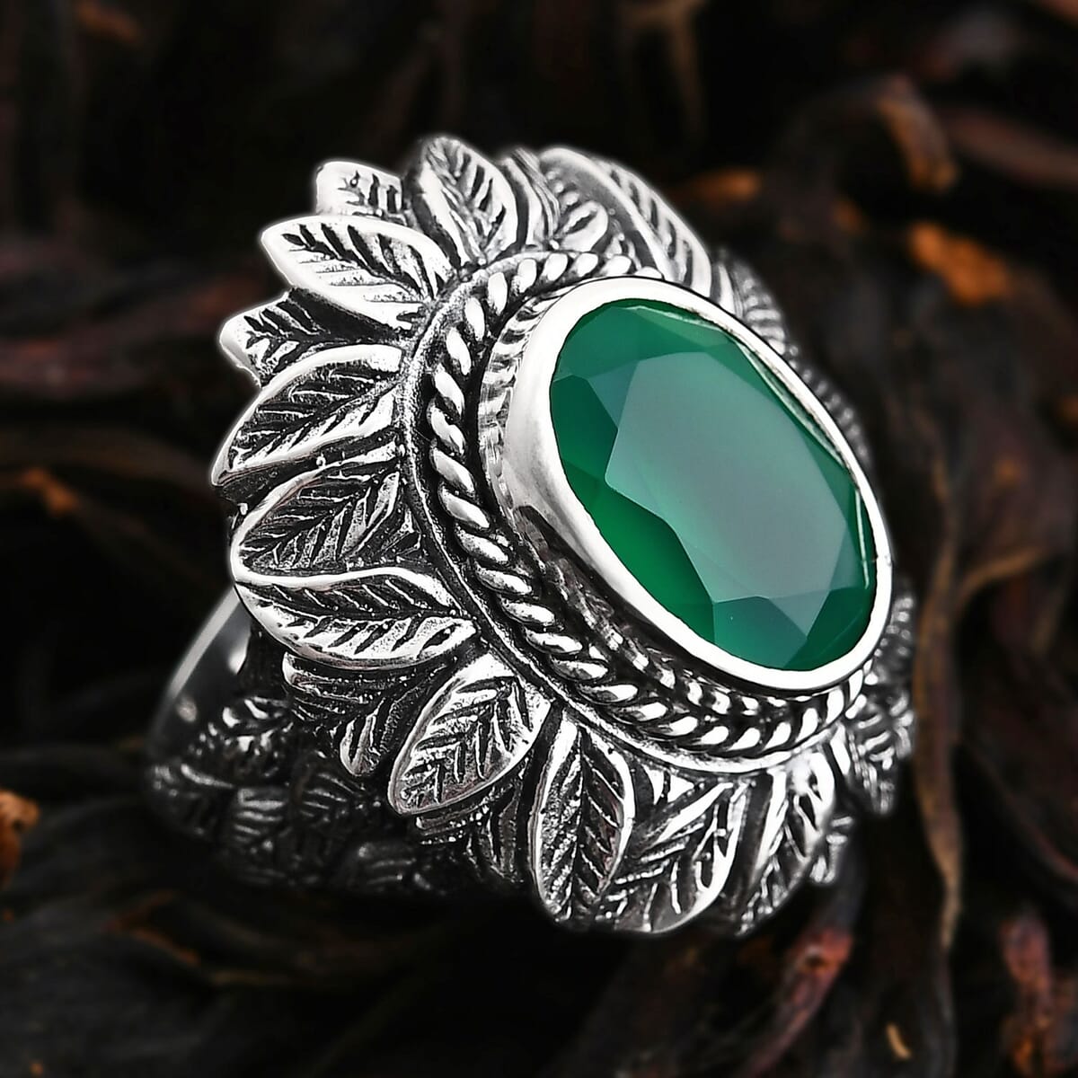 Bali Legacy Verde Onyx 5.20 ctw Leaf Ring in Sterling Silver (Size 6.0)  image number 1