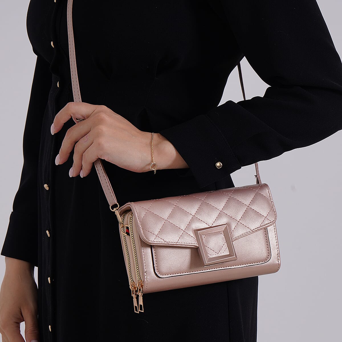 Champagne Faux Leather Crossbody Bag image number 2