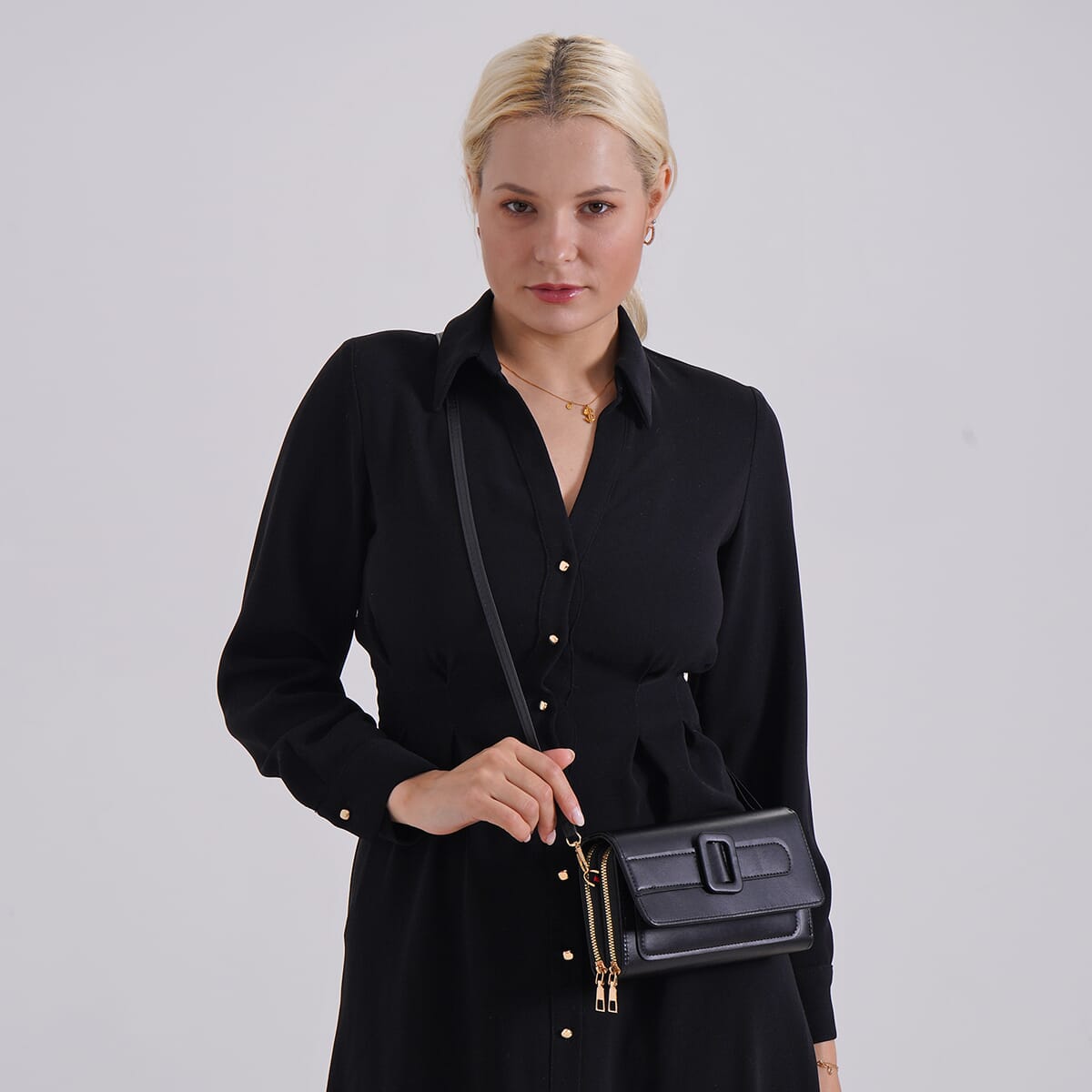 Black Faux Leather Crossbody Bag (7.87x1.97x4.72) with Adjustable Shoulder Strap image number 1