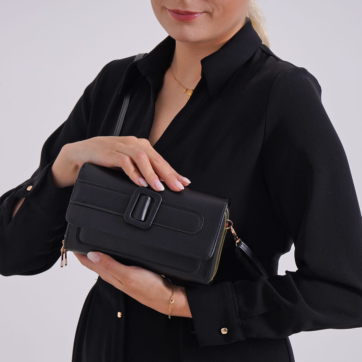 Black Faux Leather Crossbody Bag (7.87x1.97x4.72) with Adjustable Shoulder Strap image number 2