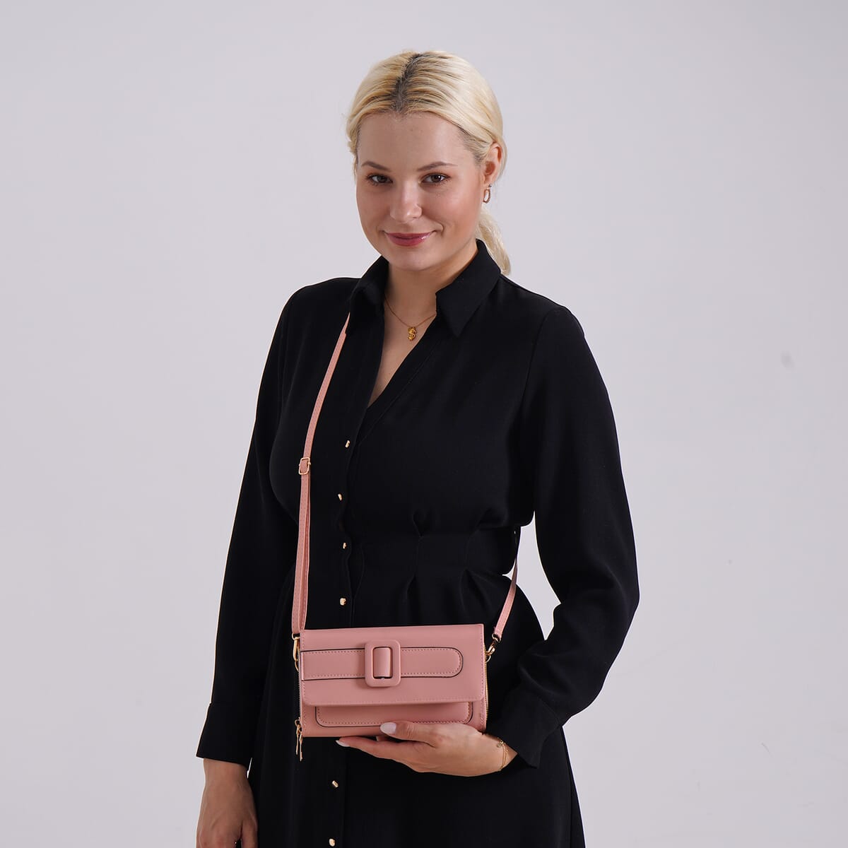 Pink Faux Leather Crossbody Bag (7.87x1.97x4.72) with Adjustable Shoulder Strap image number 1
