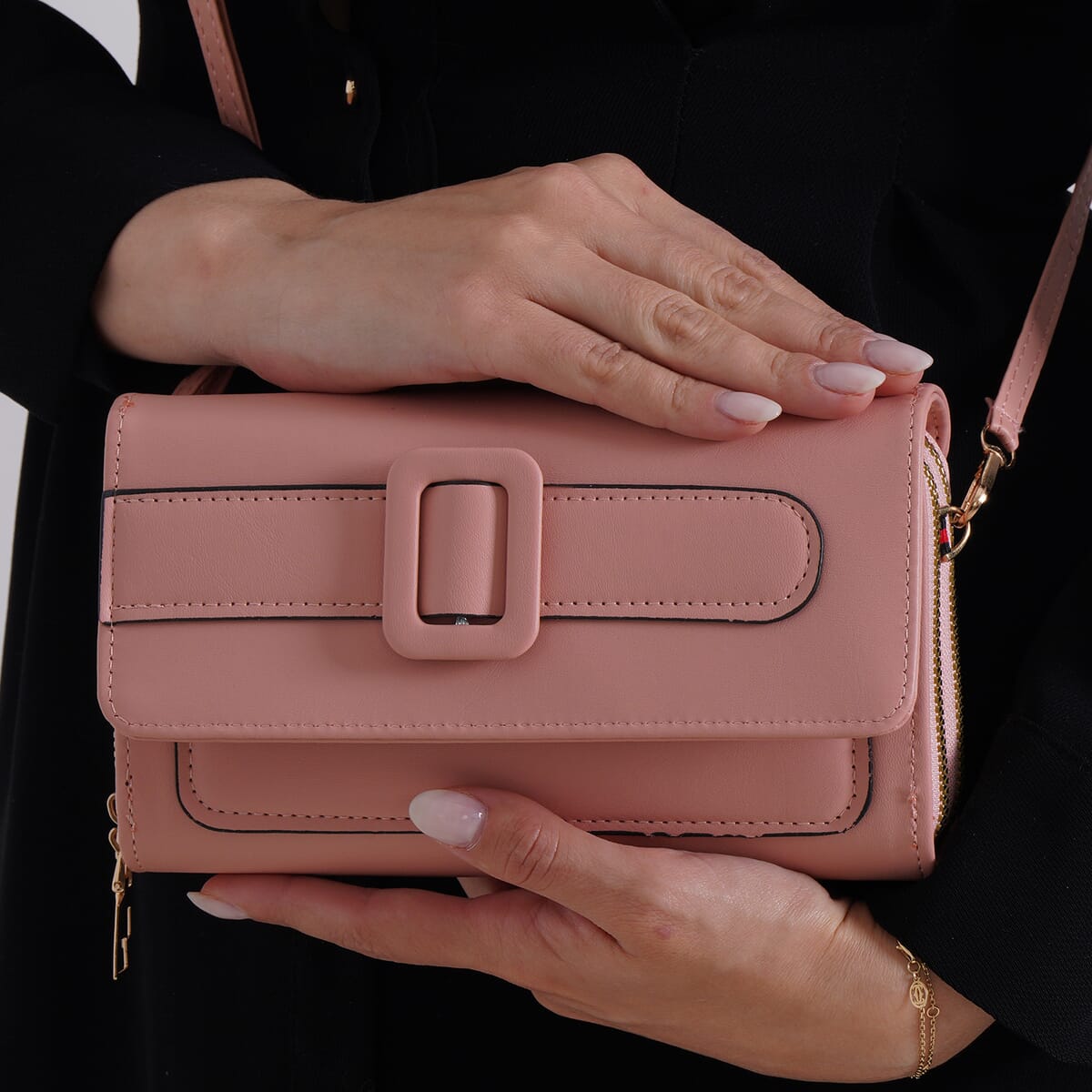 Pink Faux Leather Crossbody Bag (7.87x1.97x4.72) with Adjustable Shoulder Strap image number 2