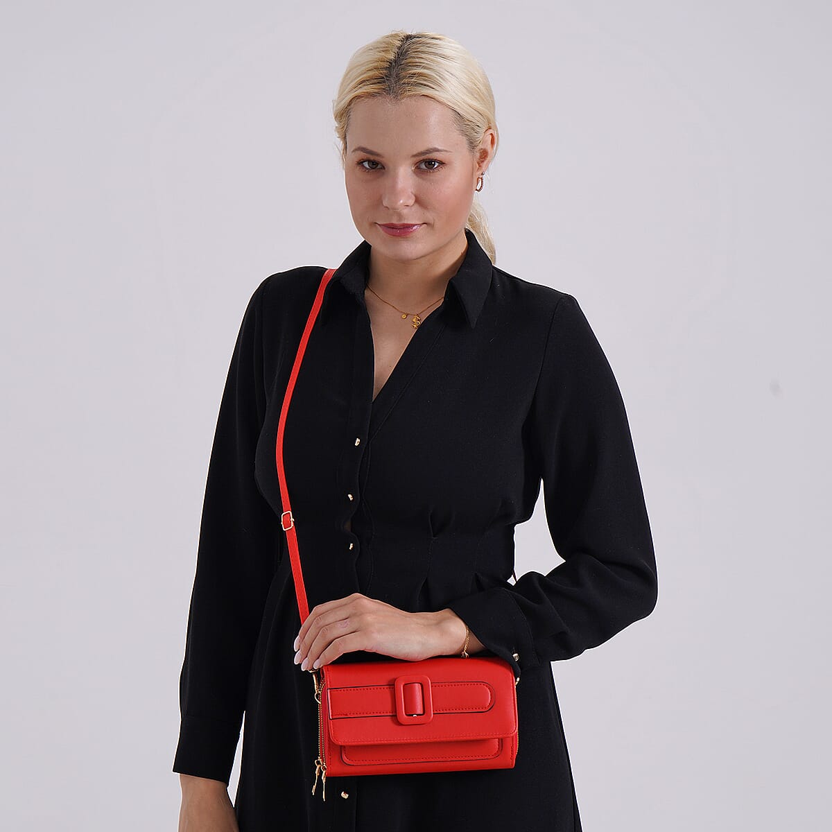 Red Faux Leather Crossbody Bag (7.87x1.97x4.72) with Adjustable Shoulder Strap image number 1