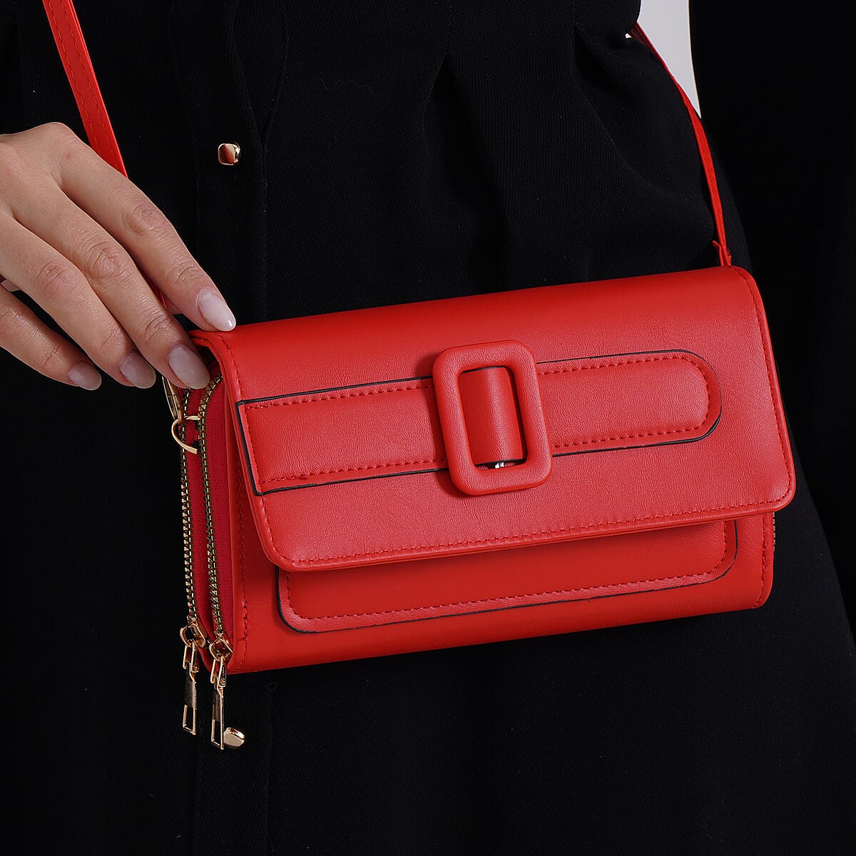 Red Faux Leather Crossbody Bag (7.87x1.97x4.72) with Adjustable Shoulder Strap image number 2