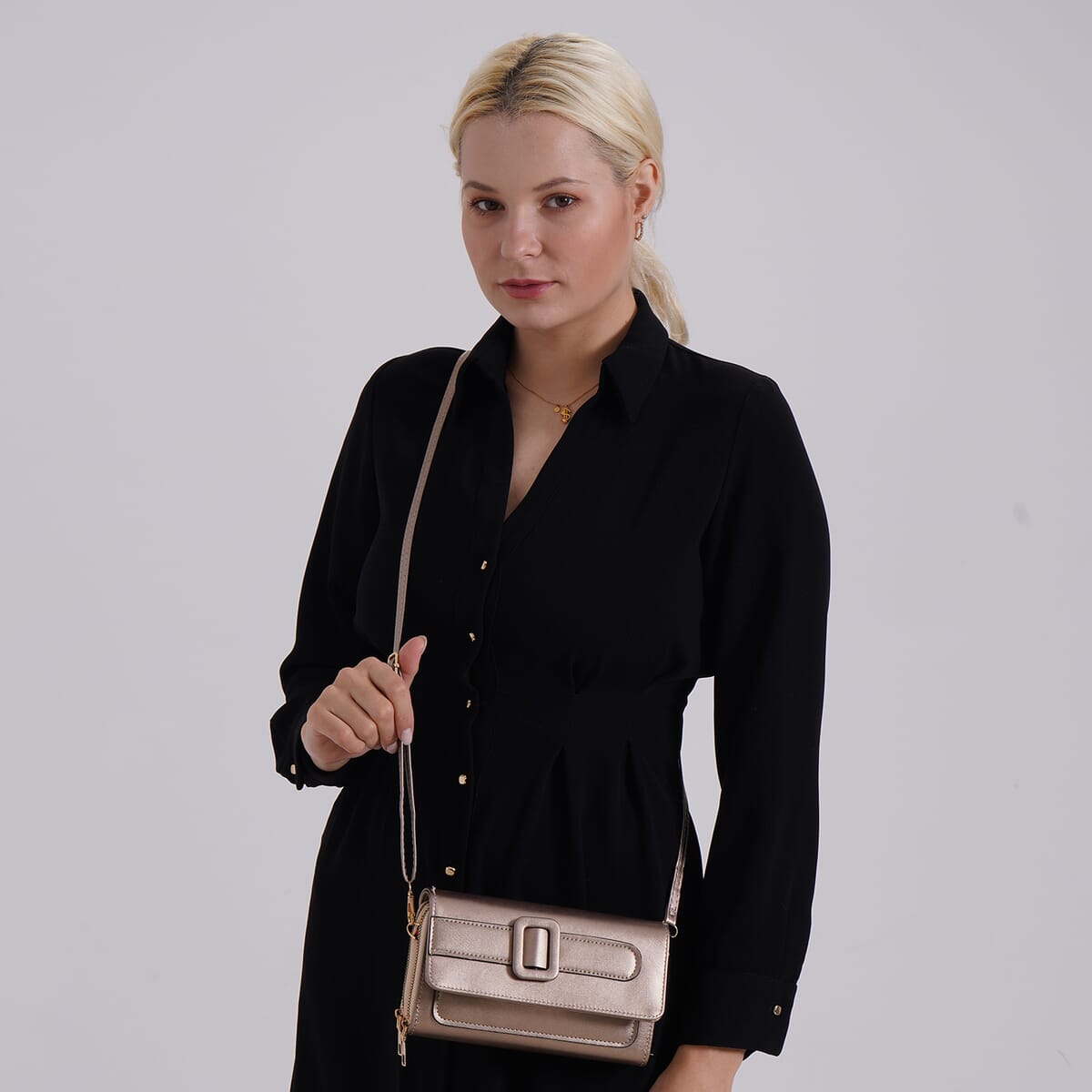 Tin Gold Faux Leather Crossbody Bag (7.87x1.97x4.72) with Adjustable Shoulder Strap image number 1