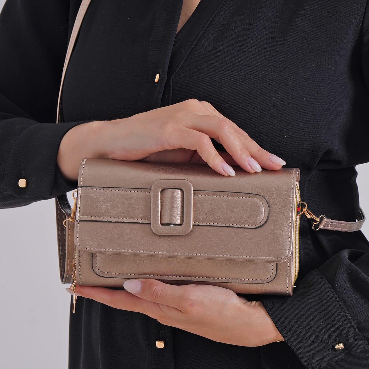 Tin Gold Faux Leather Crossbody Bag (7.87x1.97x4.72) with Adjustable Shoulder Strap image number 2