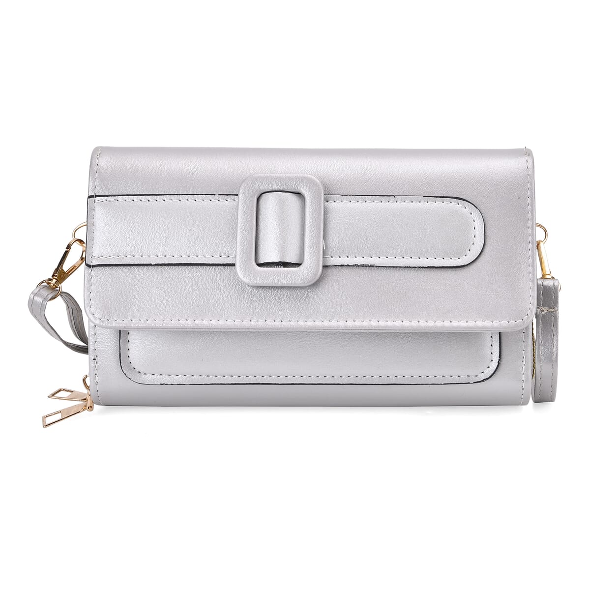 Silver Faux Leather Crossbody Bag (7.87x1.97x4.72) with Adjustable Shoulder Strap image number 0