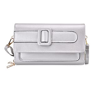 Silver Faux Leather Crossbody Bag (7.87x1.97x4.72) with Adjustable Shoulder Strap