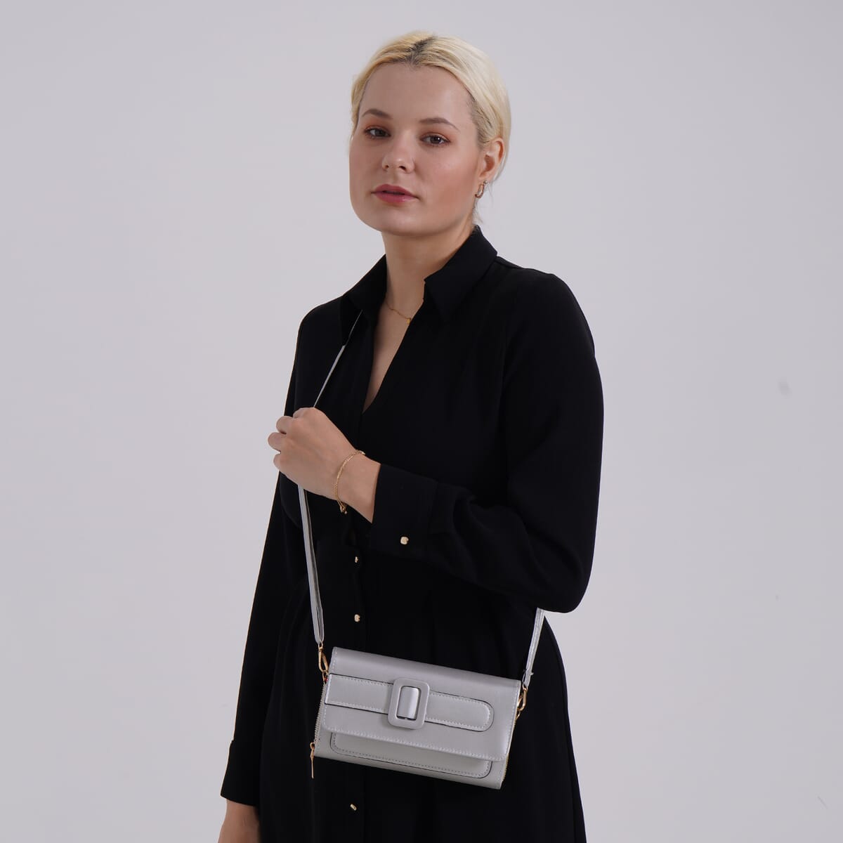 Silver Faux Leather Crossbody Bag (7.87x1.97x4.72) with Adjustable Shoulder Strap image number 1