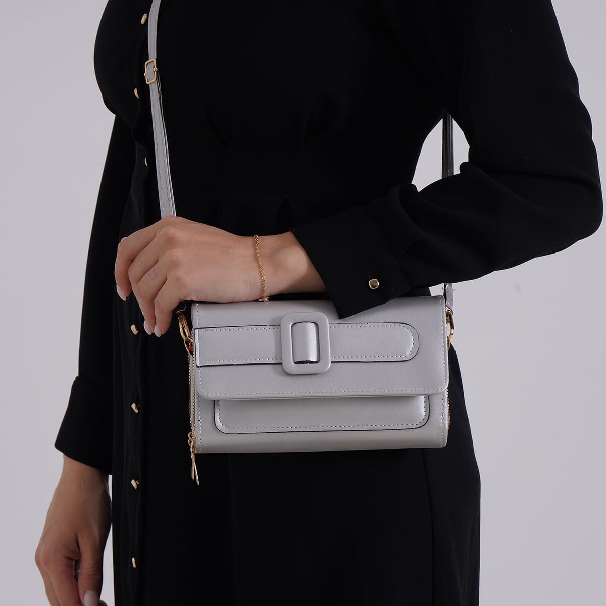 Silver Faux Leather Crossbody Bag (7.87x1.97x4.72) with Adjustable Shoulder Strap image number 2